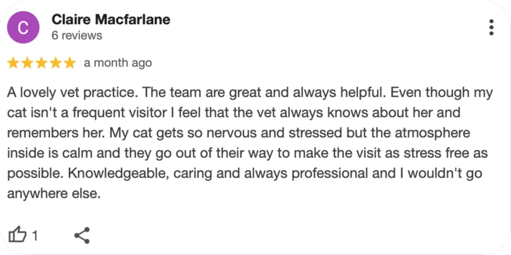 User review of a vet practice by Claire Macfarlane